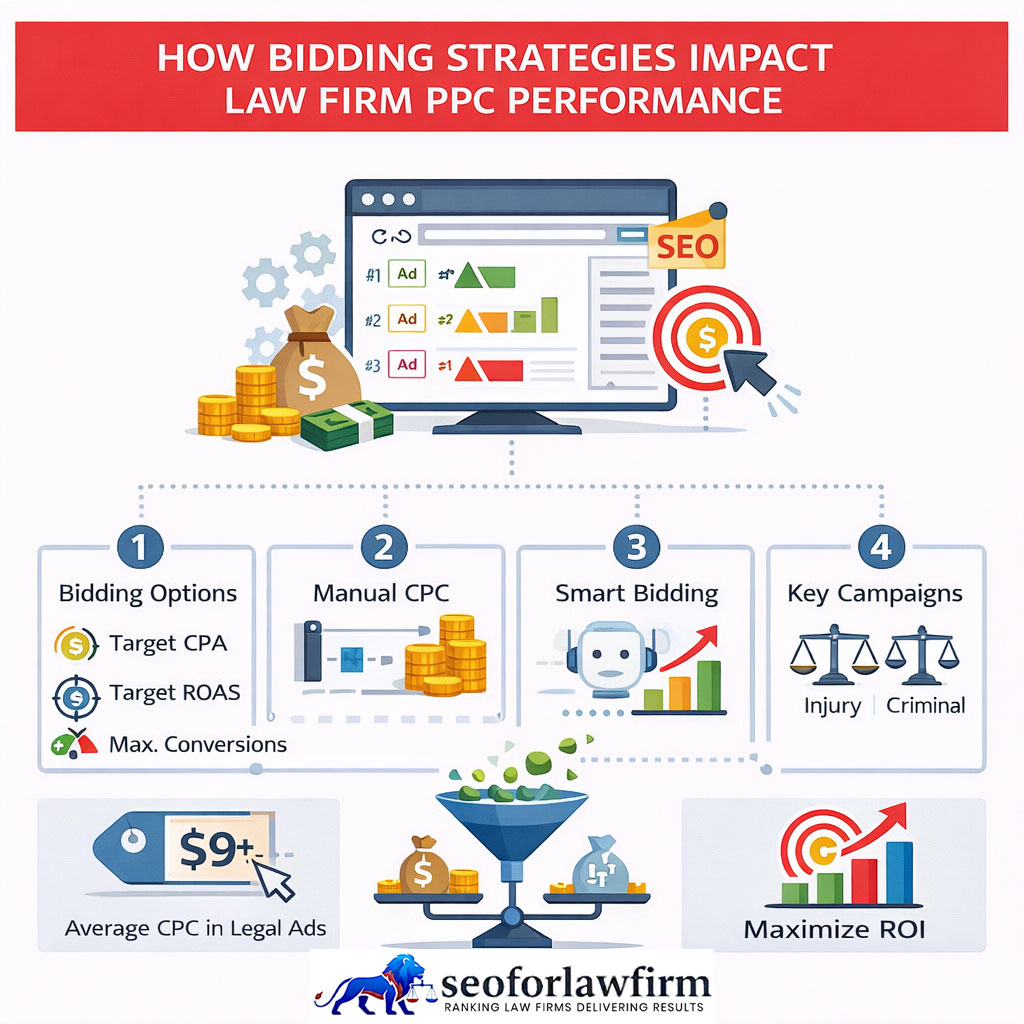 Diagram comparing manual CPC, automated bidding, and bidding strategies for law firm PPC campaigns.