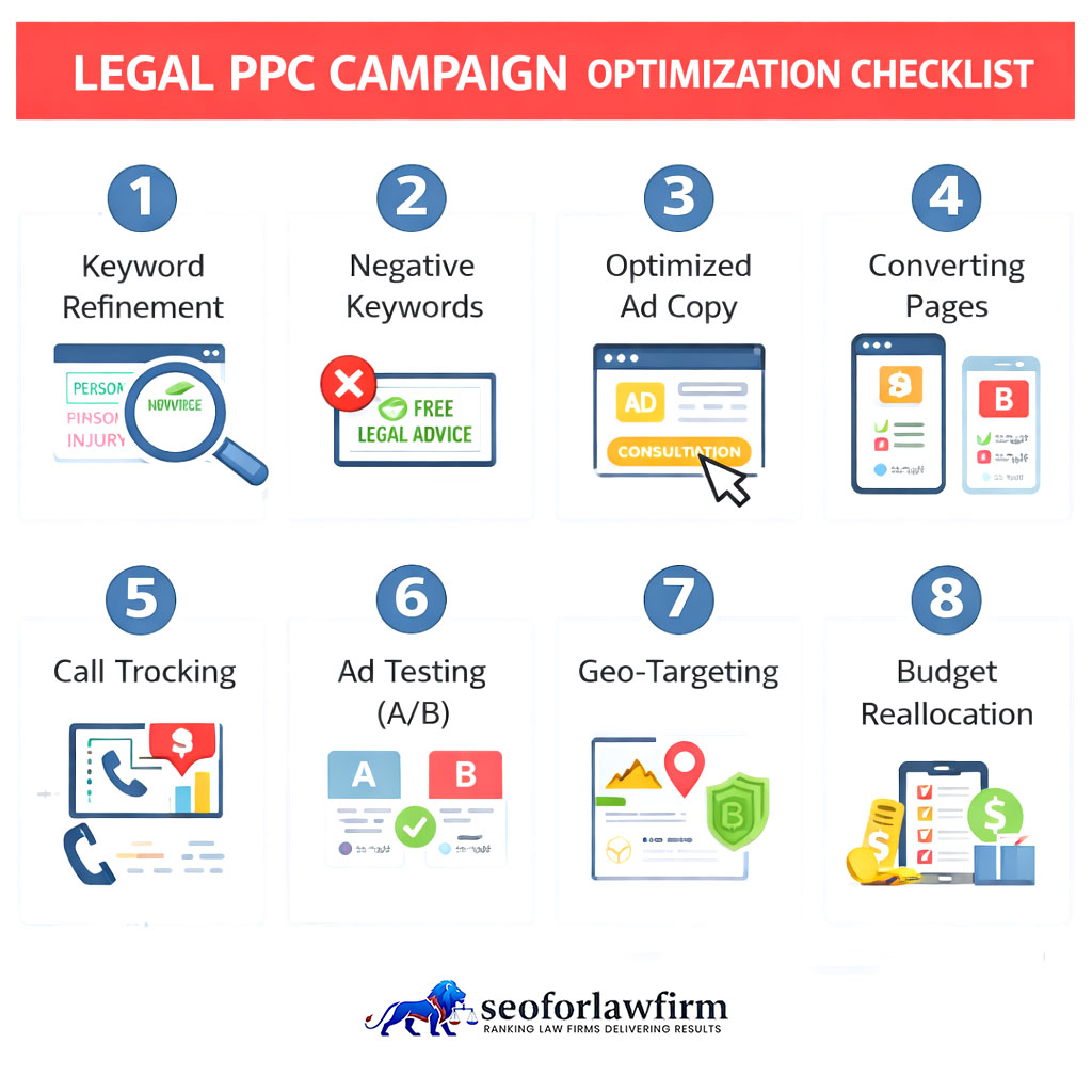 Checklist of steps for planning and optimizing a legal PPC campaign.
