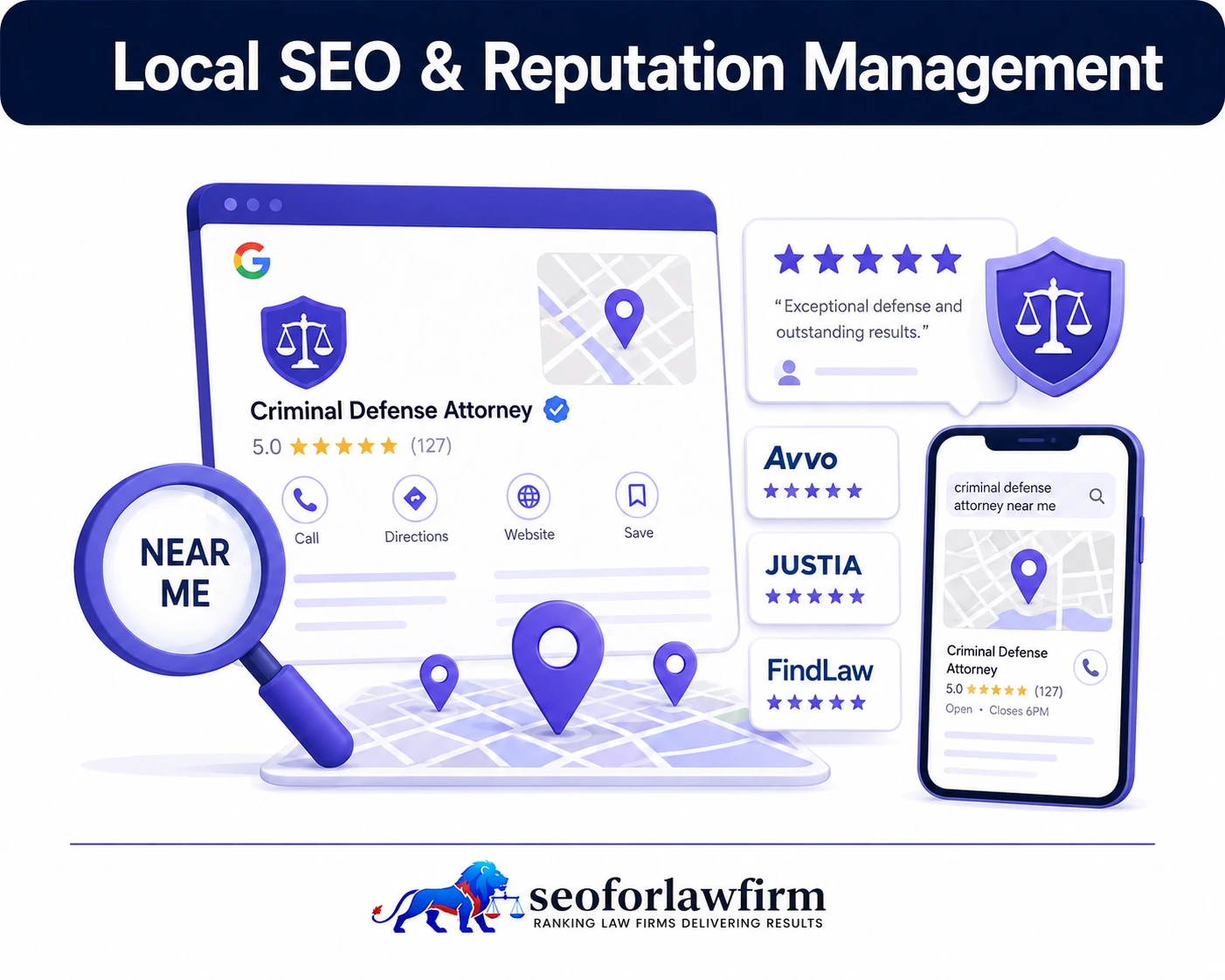 Local SEO and reputation management for criminal defense lawyers showing Google Maps, reviews, local attorney searches, citations, and trust signals