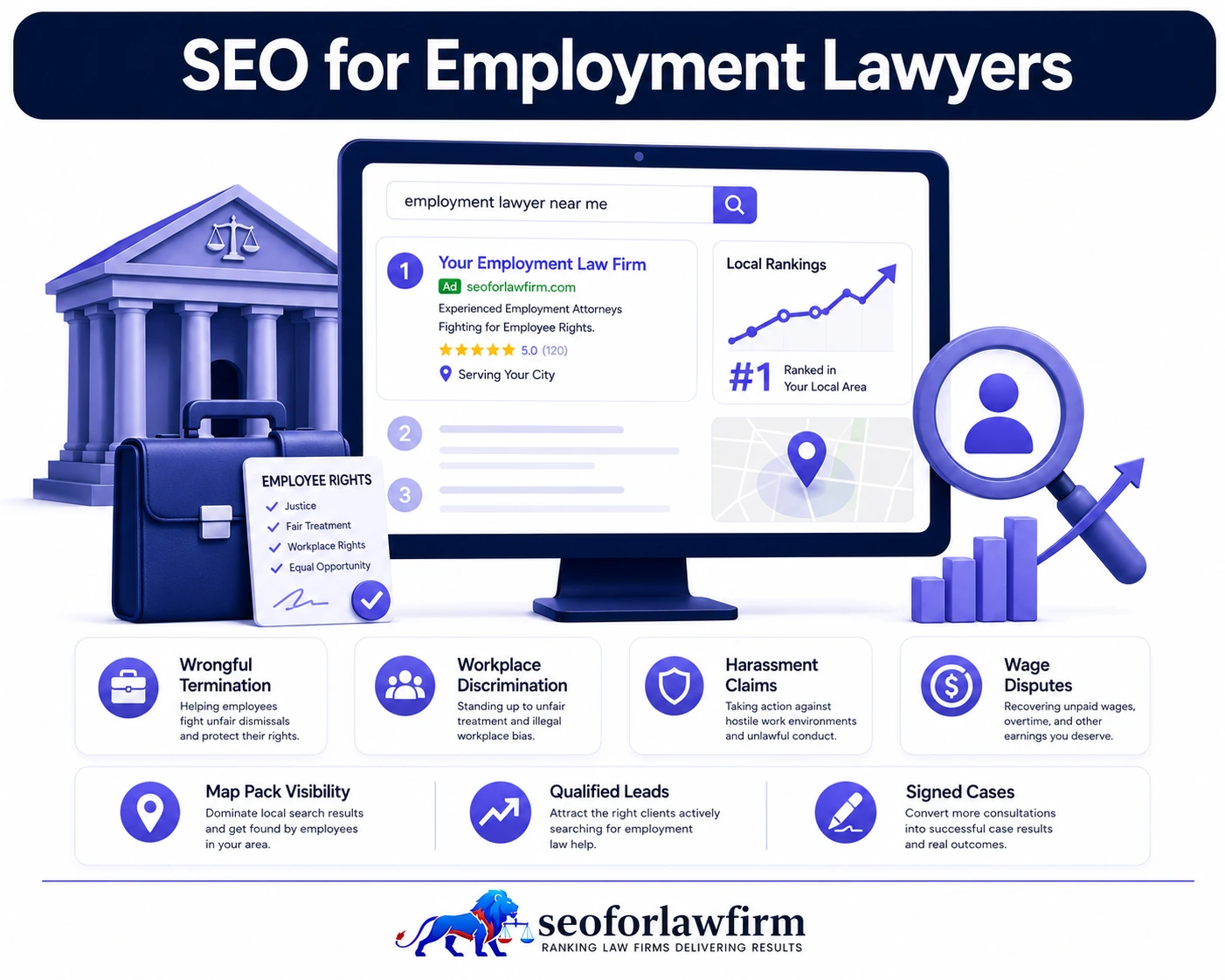 SEO for employment lawyers showing wrongful termination, workplace discrimination, harassment, retaliation, wage disputes, employment-law rankings, and client acquisition