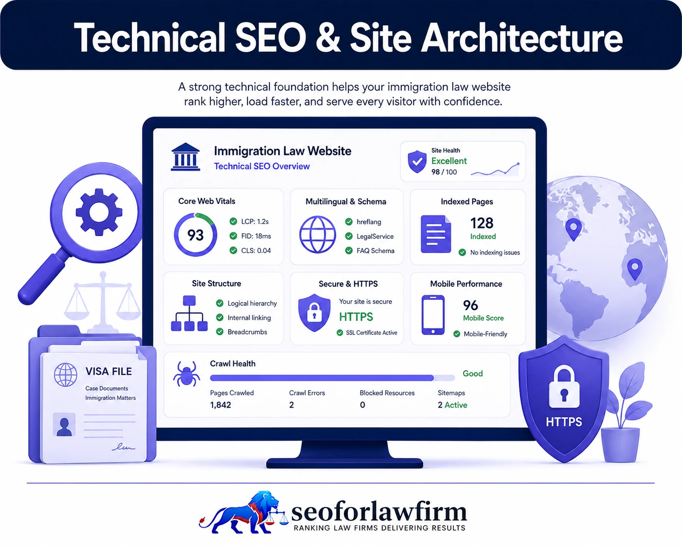 Technical SEO and site architecture for immigration attorneys showing Core Web Vitals, schema, crawlability, internal links, indexation, mobile performance, and immigration service entities