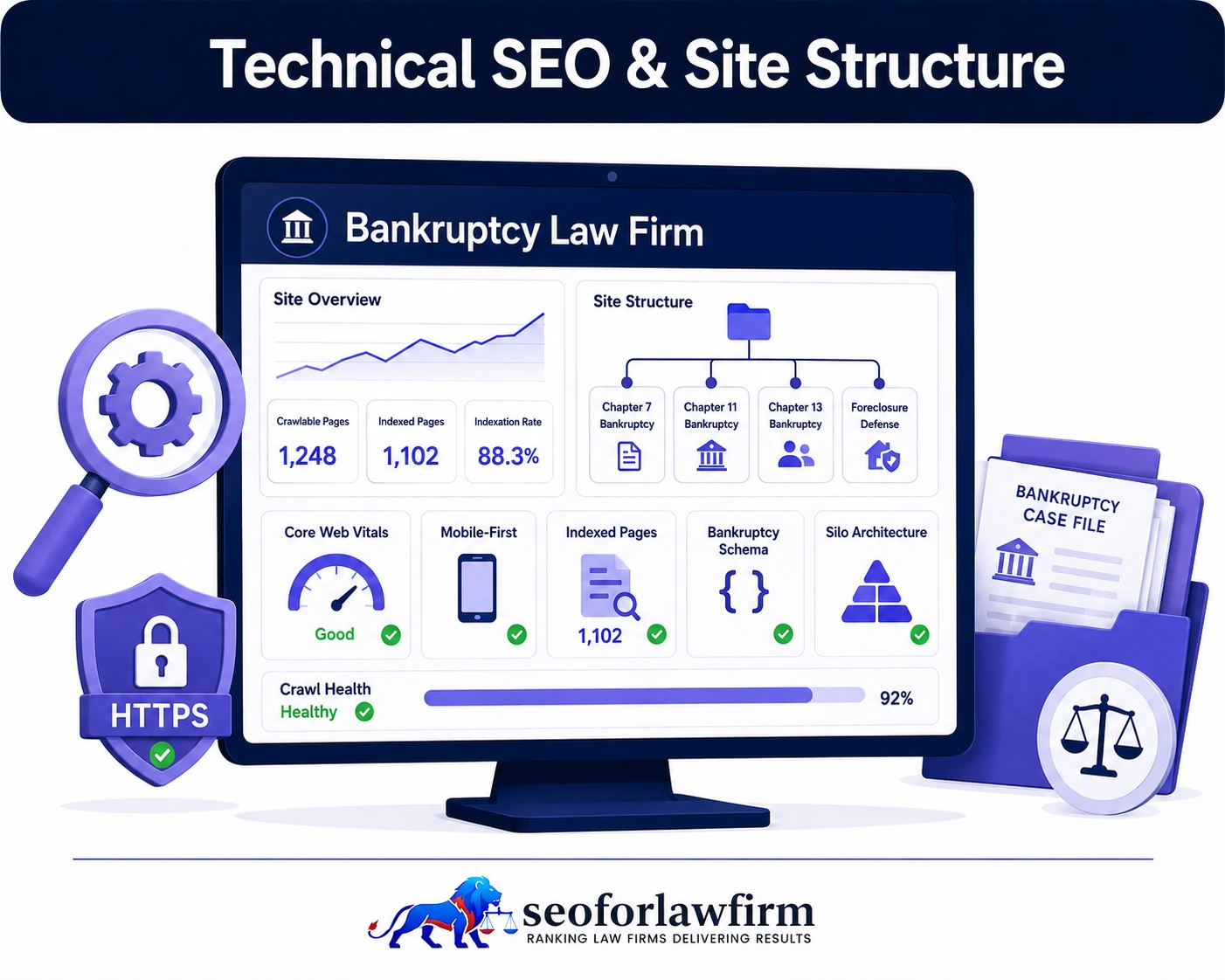 Technical SEO and site structure for bankruptcy law firms showing Chapter 7, Chapter 13, crawlability, page speed, mobile usability, internal linking, and bankruptcy schema