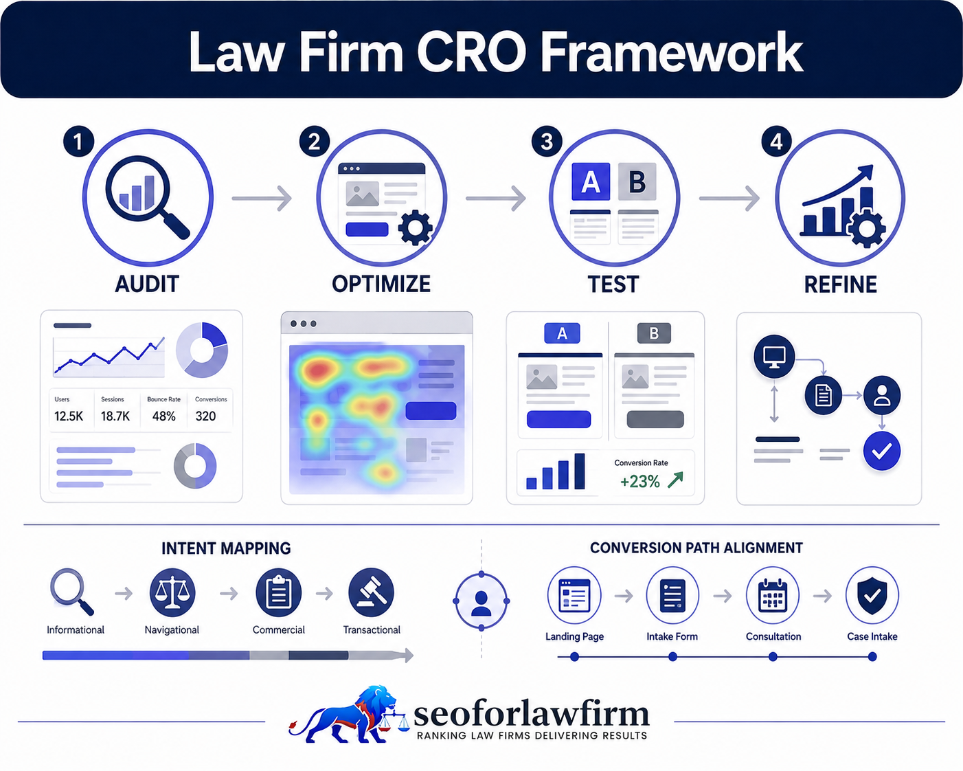 Law firm CRO framework showing behavioral audit, website optimization, A B testing, intent mapping, intake alignment, and ongoing conversion refinement
