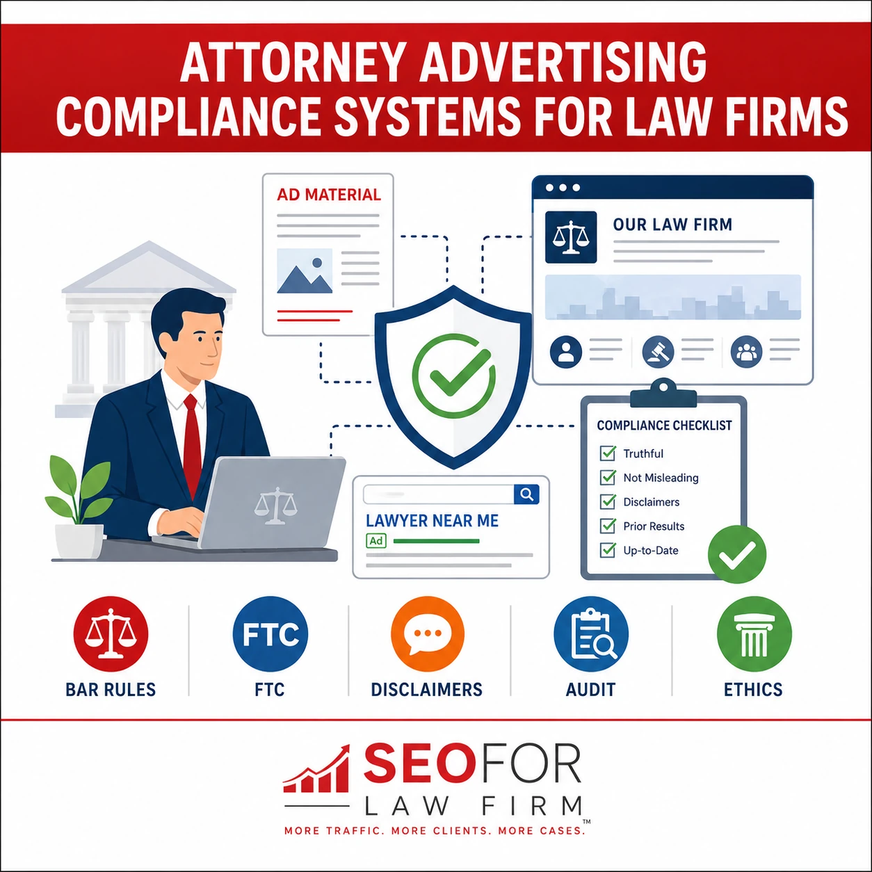 Attorney advertising compliance system reviewing claims, disclaimers, approvals, and marketing risks