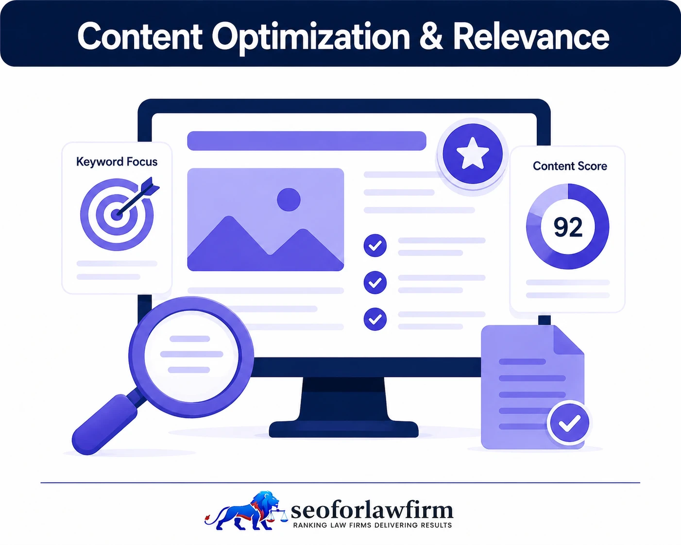Legal content optimization and relevance showing search intent, semantic terms, headings, content gaps, internal links, page refreshes, and organic rankings