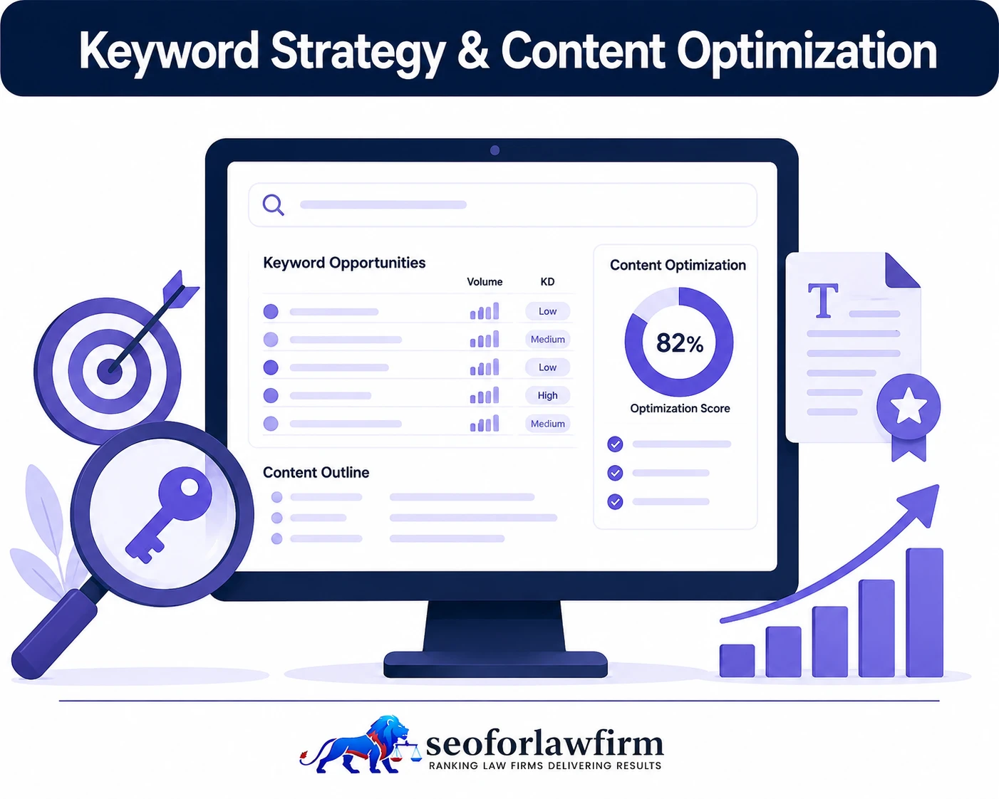 Legal keyword strategy and content optimization showing practice-area keywords, search intent, semantic entities, internal links, content clusters, and law firm rankings