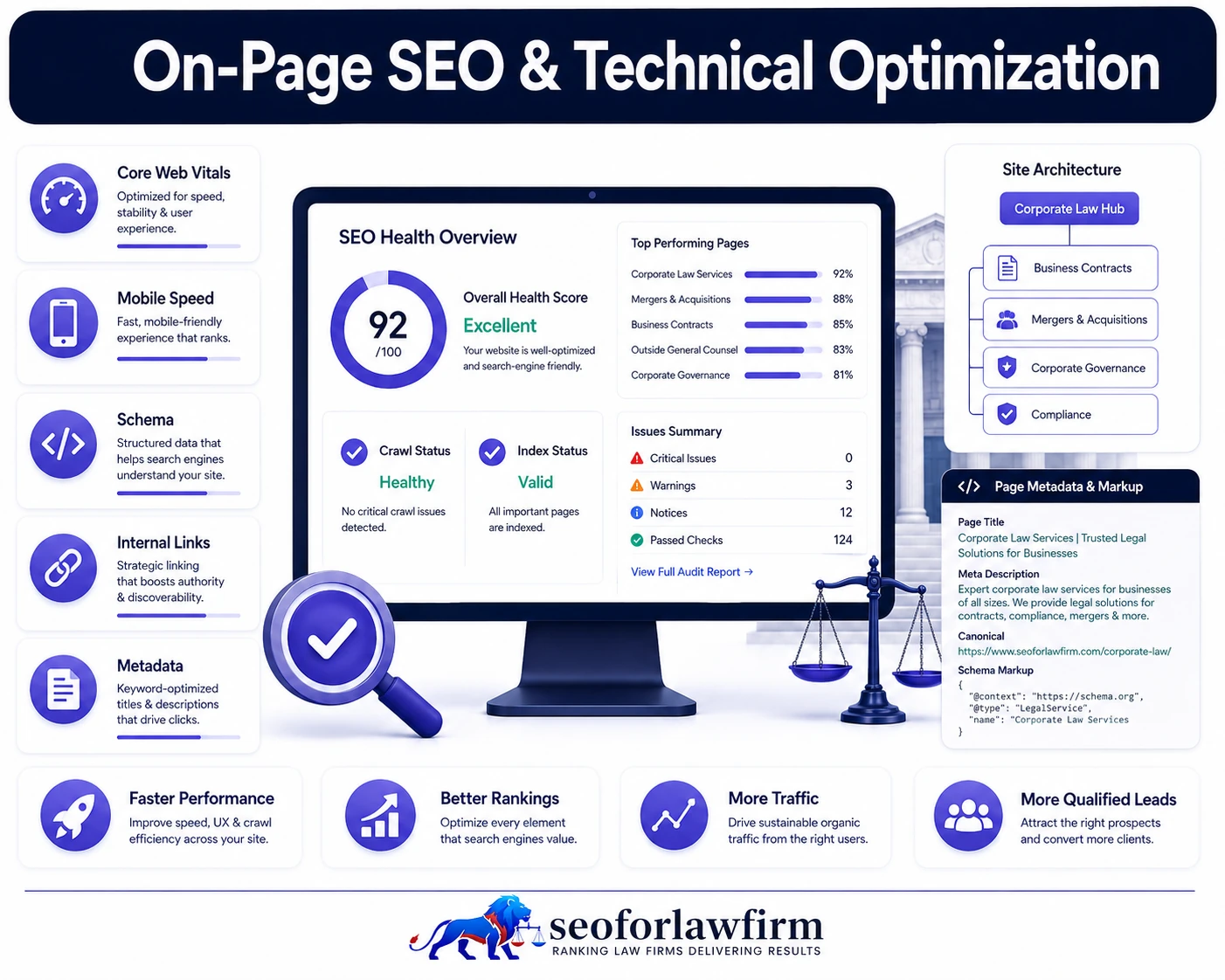 On-page SEO and technical optimization for corporate law firms showing site architecture, business-law service pages, structured data, internal links, technical performance and indexing