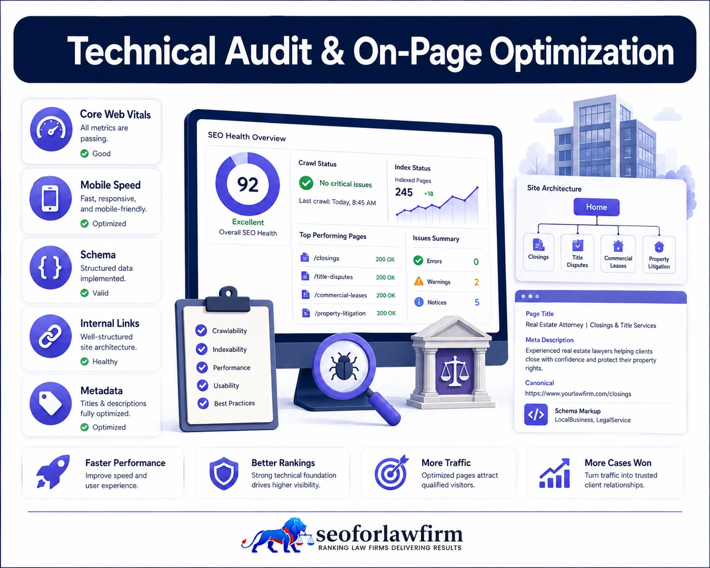 Technical audit and on-page optimization for real estate lawyers showing Core Web Vitals, schema, crawlability, metadata, indexation, and property-law website architecture