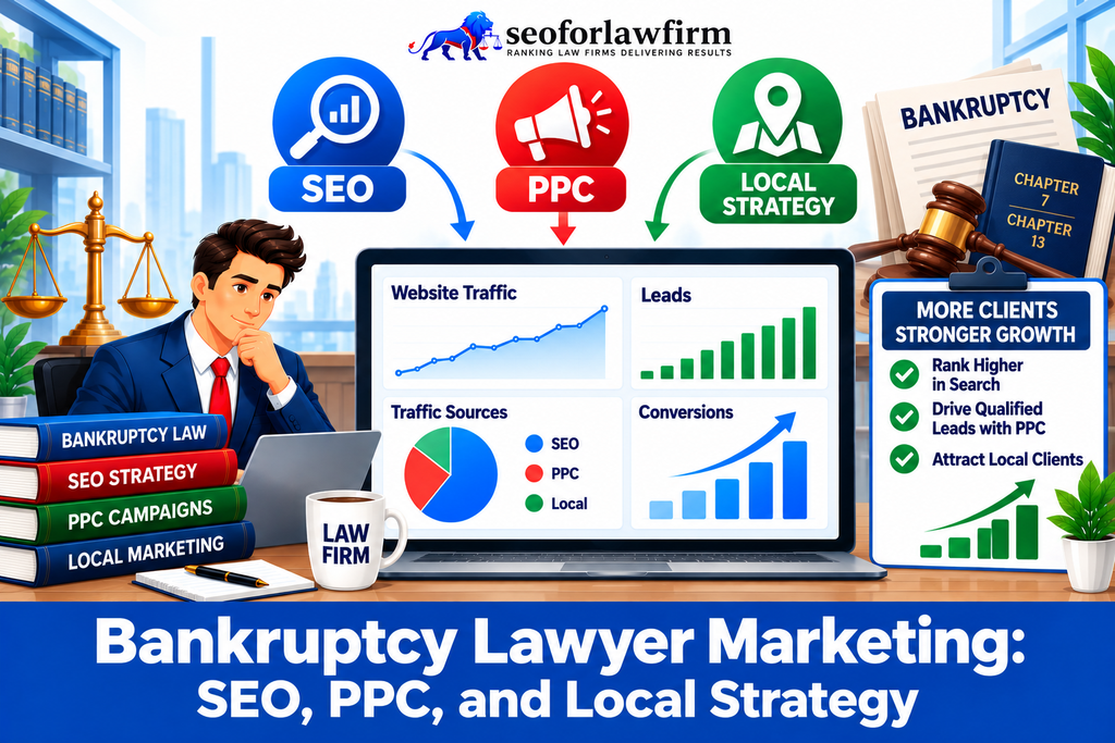 Illustration of bankruptcy law firm marketing that combines SEO, PPC, and local search strategy to increase traffic, leads, and client growth.