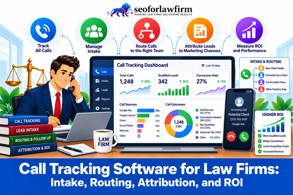 Infographic on call tracking software for law firms, intake routing, attribution, and return on investment.