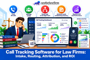 Infographic on call tracking software for law firms, intake routing, attribution, and return on investment.
