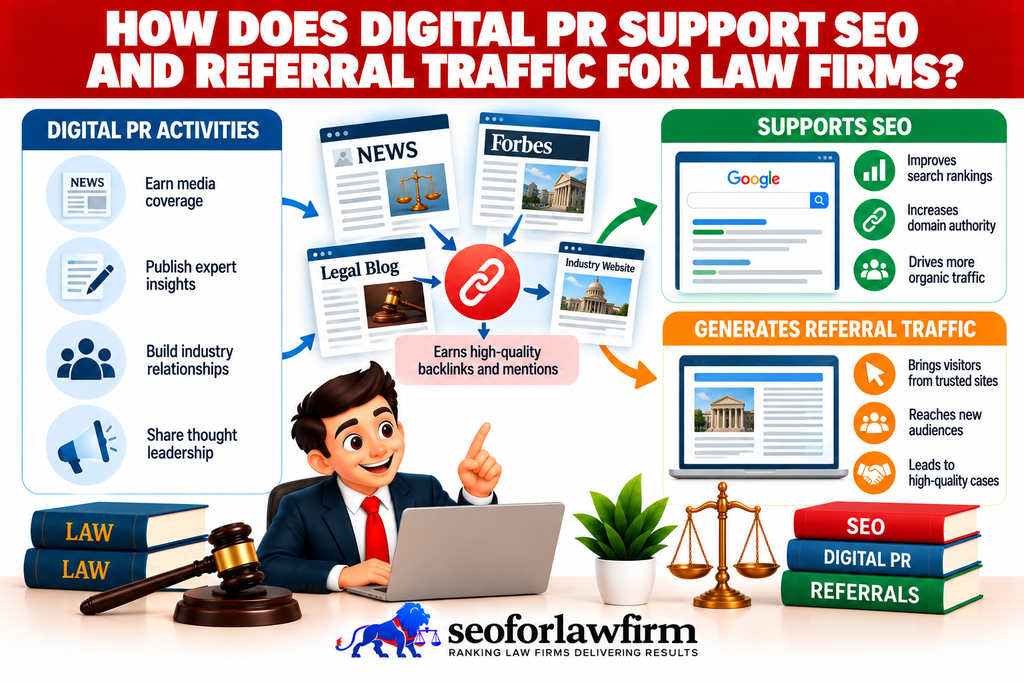 Infographic showing how digital PR supports law firm SEO and referral traffic through media coverage, expert content, backlinks, and trusted referrals.