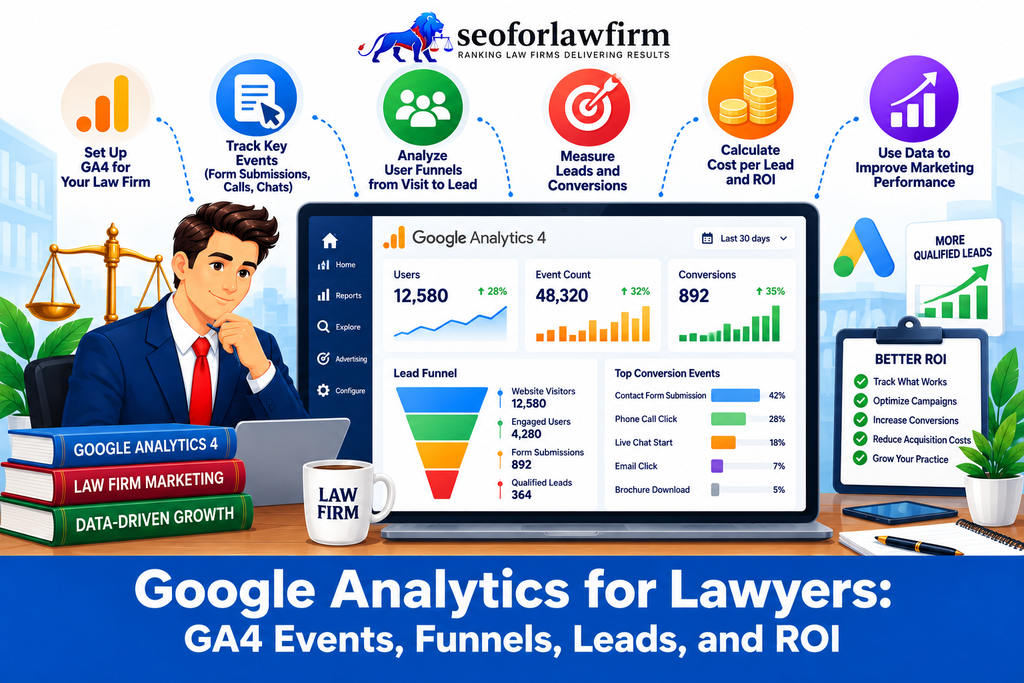Infographic showing Google Analytics 4 events, funnels, leads, and ROI for lawyers.