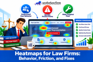 Illustration of law firms using heatmaps to understand behavior, identify friction, make targeted website changes, and improve conversions.