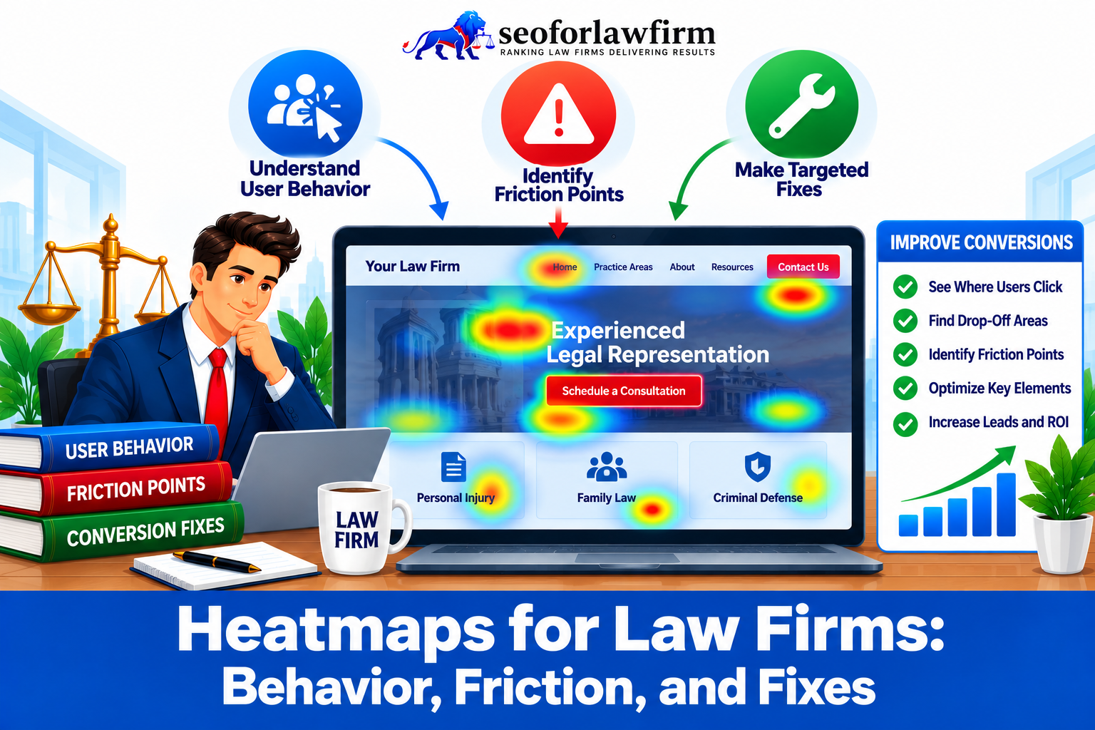 Illustration of law firms using heatmaps to understand behavior, identify friction, make targeted website changes, and improve conversions.