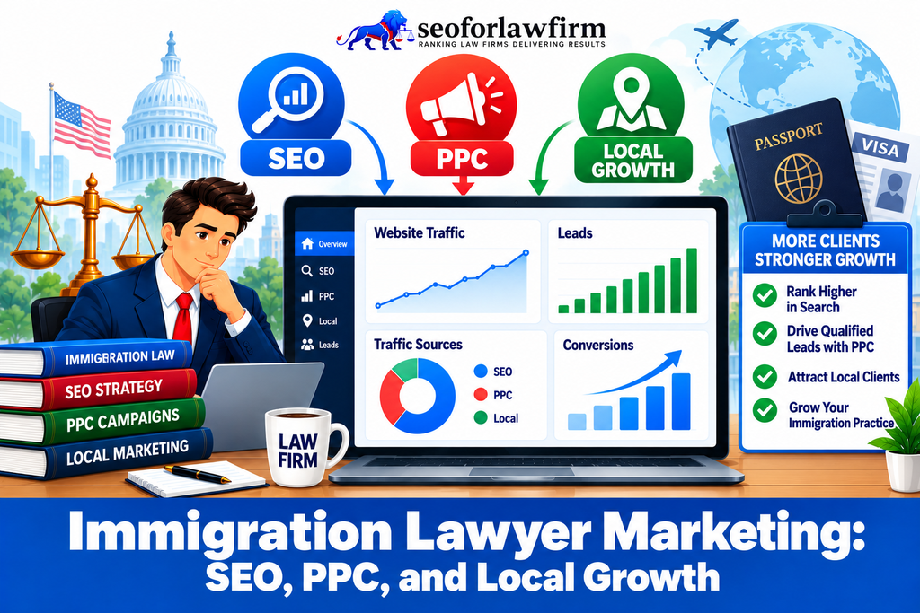 Illustration of immigration law firm marketing through SEO, PPC, and local growth, with website traffic, leads, visas, and client growth.