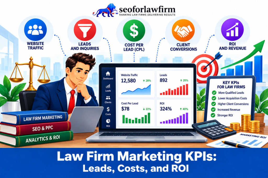 Infographic explaining law firm marketing KPIs, including leads, costs, and ROI.
