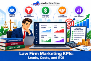 Infographic explaining law firm marketing KPIs, including leads, costs, and ROI.