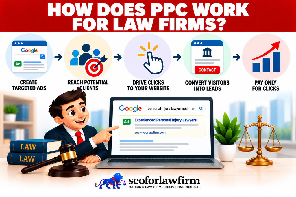 Infographic showing how law firm PPC creates targeted ads, reaches prospective clients, drives website visits, converts leads, and charges per click.