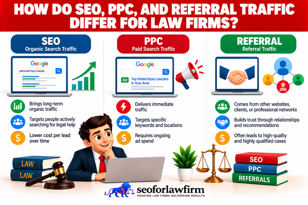 Infographic comparing law firm traffic from SEO, PPC, and referrals, including how each channel reaches prospective clients.