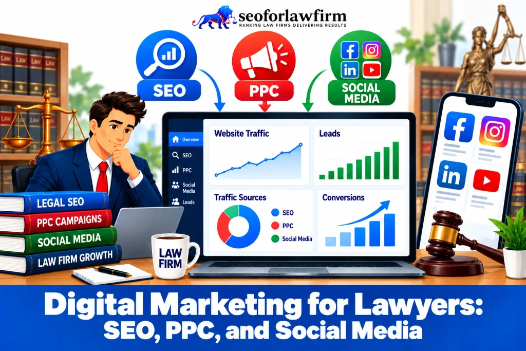Illustration of law firm digital marketing with SEO, PPC, social media, website traffic, lead generation, and client conversions.