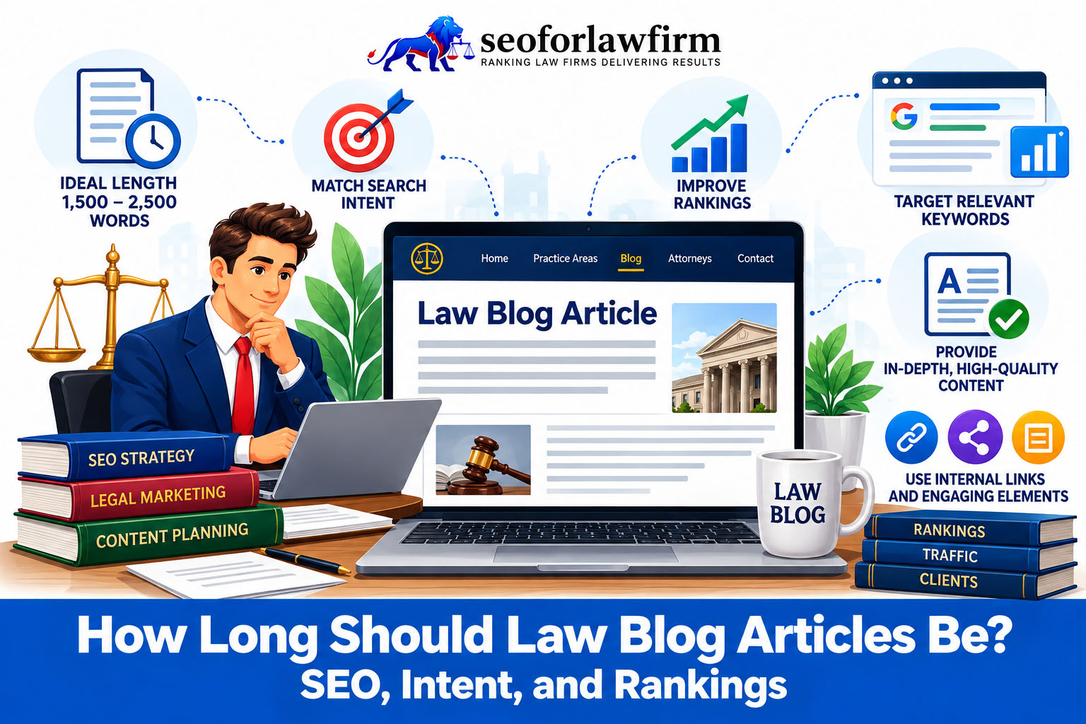 Guide to law blog article length, search intent, and rankings.