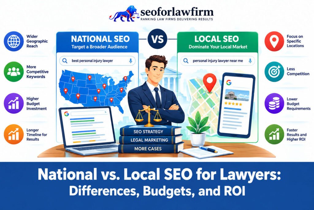 Comparison of national and local SEO for lawyers, including budgets and ROI.