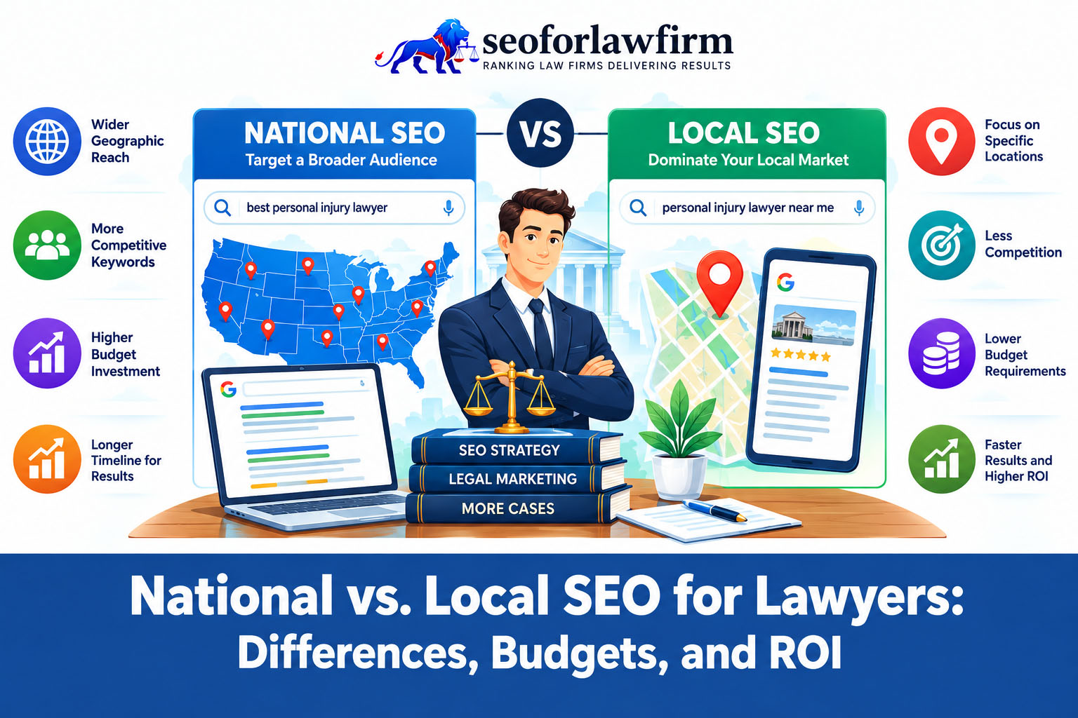 Comparison of national and local SEO for lawyers, including budgets and ROI.