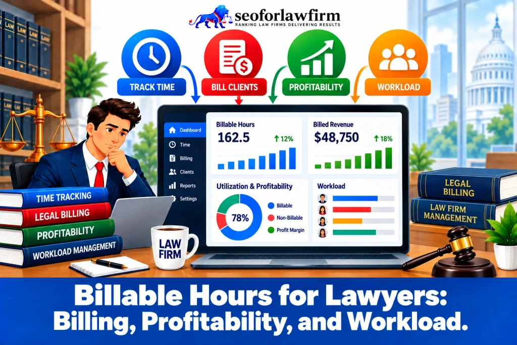 Illustration of legal billing and time tracking, showing billable hours, collected revenue, profitability, and attorney workload.
