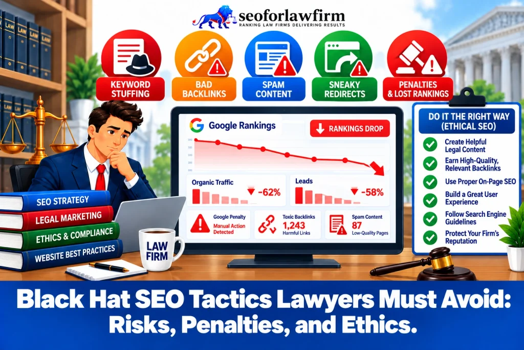 Infographic warns that keyword stuffing, spam backlinks, spam content, and sneaky redirects can lead to lower rankings or removal.