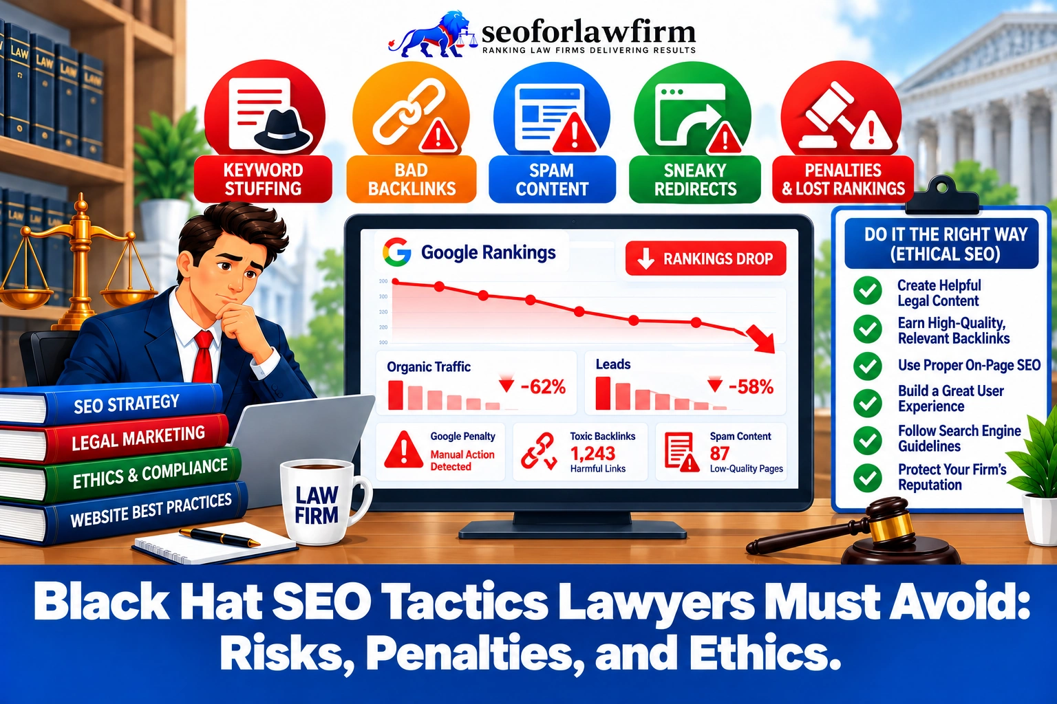 Infographic warns that keyword stuffing, spam backlinks, spam content, and sneaky redirects can lead to lower rankings or removal.