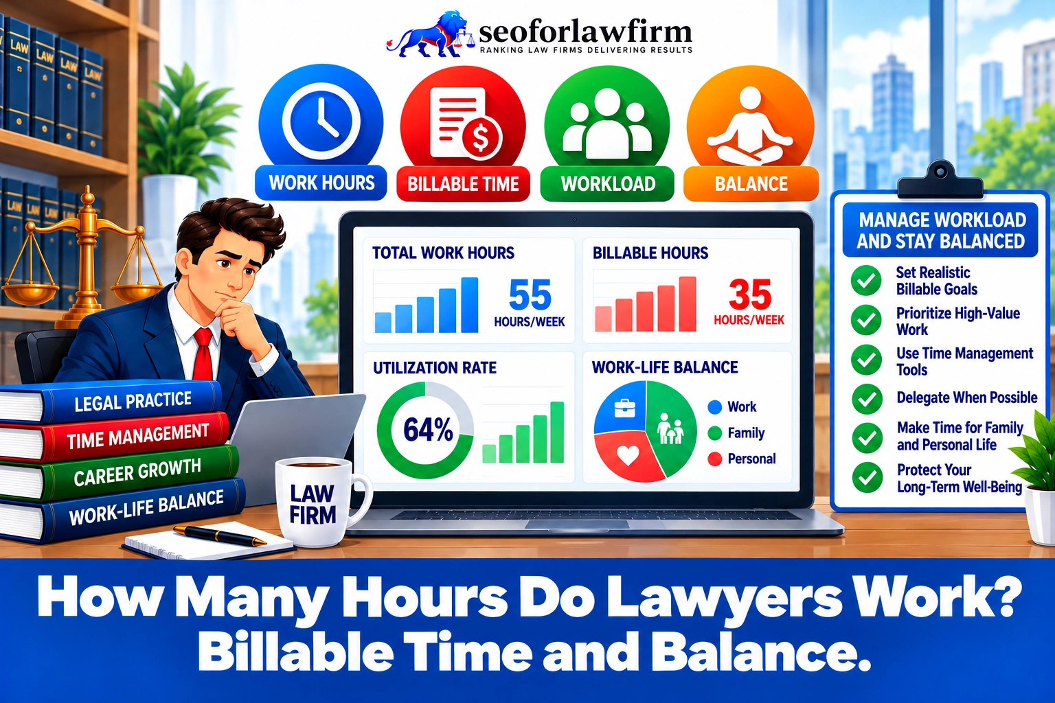 Illustration of attorney work hours, billable time, workload, and work-life balance, with a law firm time and profitability dashboard.